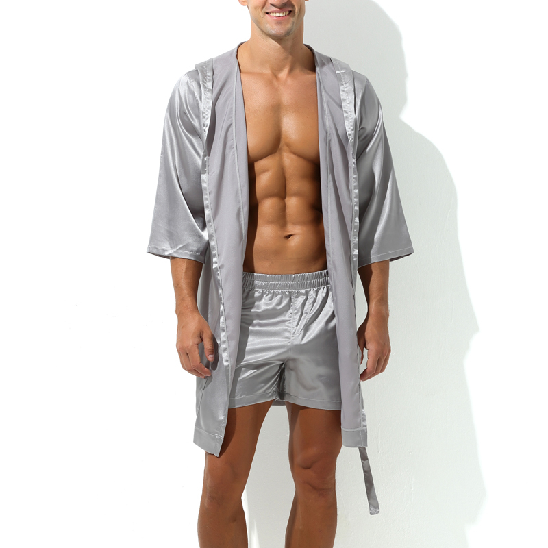 Peignoir effet satiné Long Slit Gris