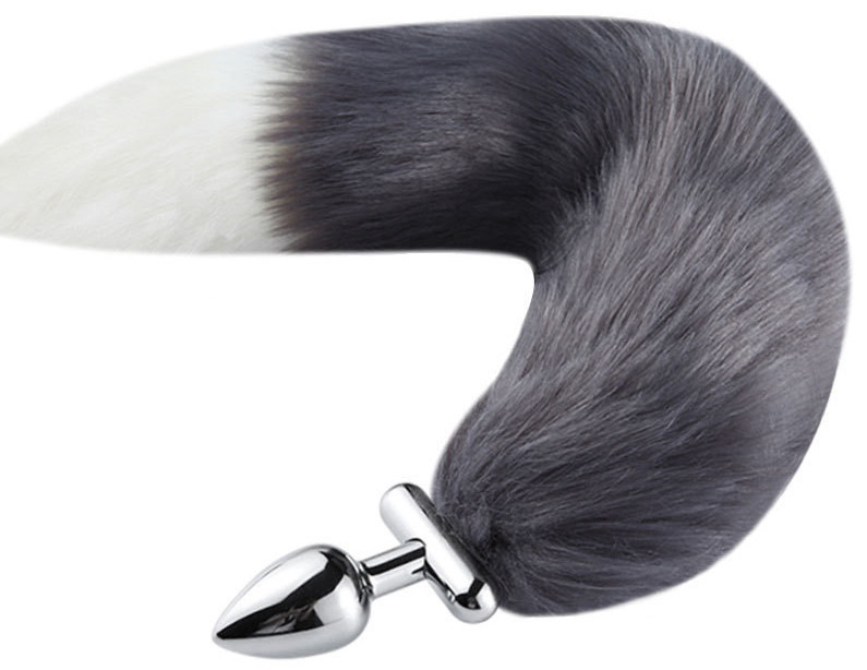 Plug queue de renard convertible bijou Foxy roxy 5.5 x 2.7cm queue 39cm gris blanc